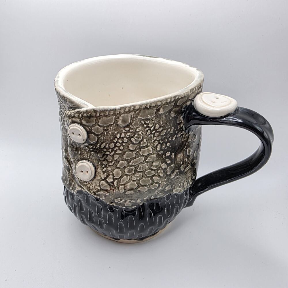 Handmade Textured Pottery Mug – Button Detail, Signed Ceramic Art Piece